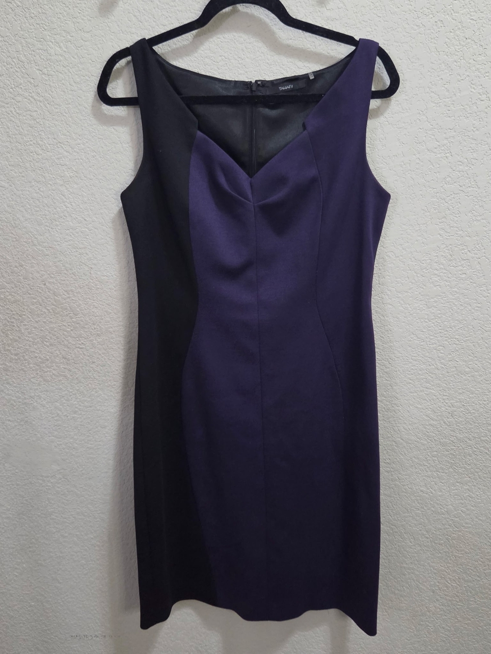 Tahari Two-Tone Purple and Black Midi Sheath Dress